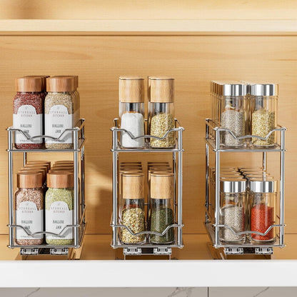Pull Out Spice Rack for Inside Cabinet, 2 Tier Chrome Spice Organization for Cabinet, Vertical Sliding Out Spice Rack Organizer for Seasoning, 10.4''D×4.8''W×9.3''H