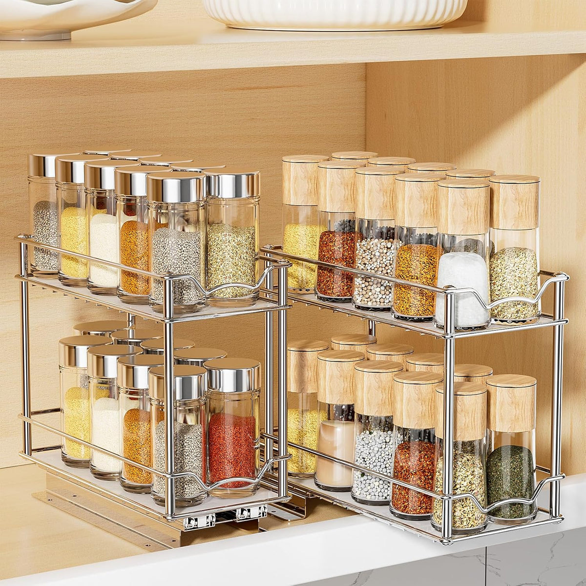 Pull Out Spice Rack for Inside Cabinet, 2 Tier Chrome Spice Organization for Cabinet, Vertical Sliding Out Spice Rack Organizer for Seasoning, 10.4''D×4.8''W×9.3''H