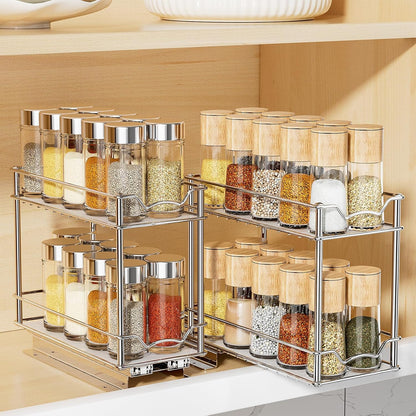 Pull Out Spice Rack for Inside Cabinet, 2 Tier Chrome Spice Organization for Cabinet, Vertical Sliding Out Spice Rack Organizer for Seasoning, 10.4''D×4.8''W×9.3''H