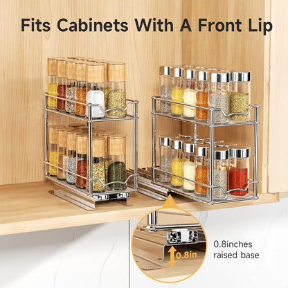 Pull Out Spice Rack for Inside Cabinet, 2 Tier Chrome Spice Organization for Cabinet, Vertical Sliding Out Spice Rack Organizer for Seasoning, 10.4''D×4.8''W×9.3''H