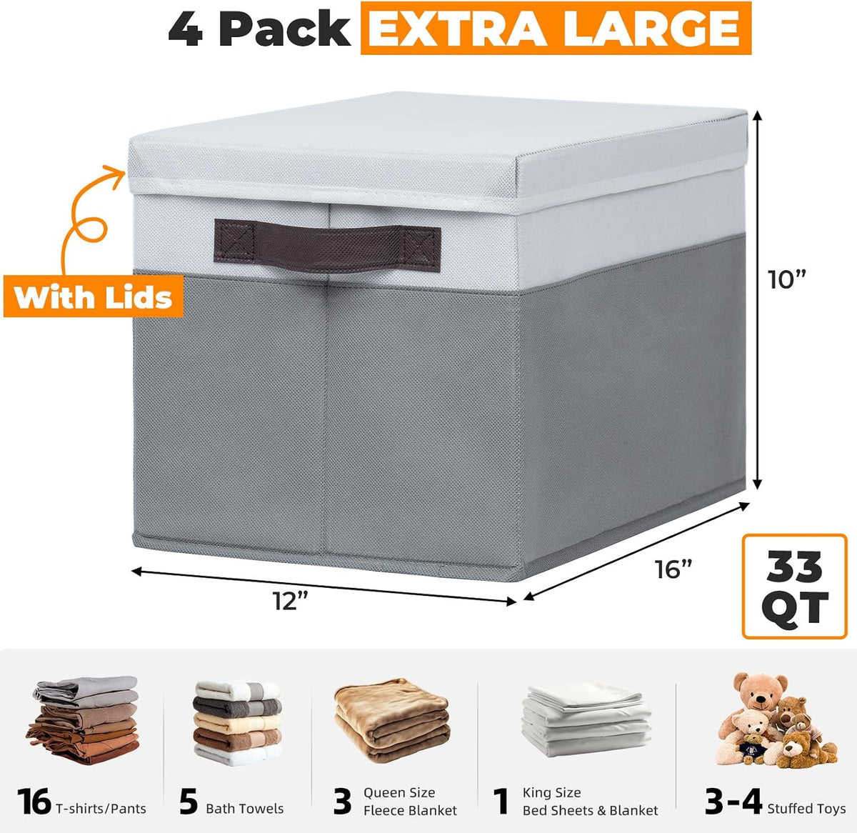 Large Closet Storage Baskets Bins with Lids 4 Pack, Storage Baskets for Organizing Shelves Nursery Bedroom, Home Dorm Closet Organizers Cubes for Clothes Toys Blanket Book - Stackable -14x10x9.5