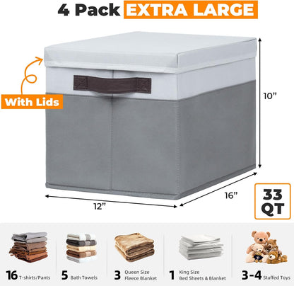 Large Closet Storage Baskets Bins with Lids 4 Pack, Storage Baskets for Organizing Shelves Nursery Bedroom, Home Dorm Closet Organizers Cubes for Clothes Toys Blanket Book - Stackable -14x10x9.5