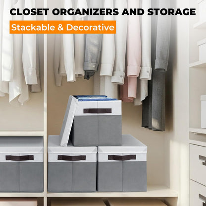 Large Closet Storage Baskets Bins with Lids 4 Pack, Storage Baskets for Organizing Shelves Nursery Bedroom, Home Dorm Closet Organizers Cubes for Clothes Toys Blanket Book - Stackable -14x10x9.5
