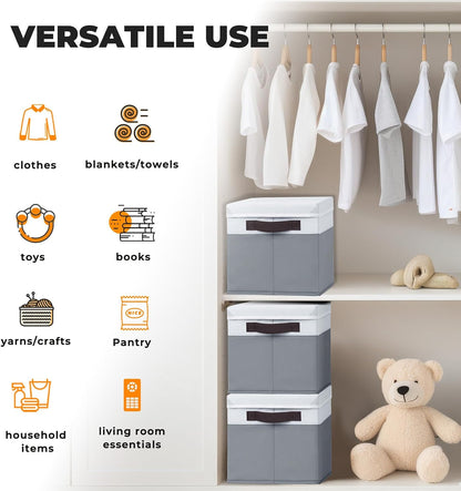 Large Closet Storage Baskets Bins with Lids 4 Pack, Storage Baskets for Organizing Shelves Nursery Bedroom, Home Dorm Closet Organizers Cubes for Clothes Toys Blanket Book - Stackable -14x10x9.5