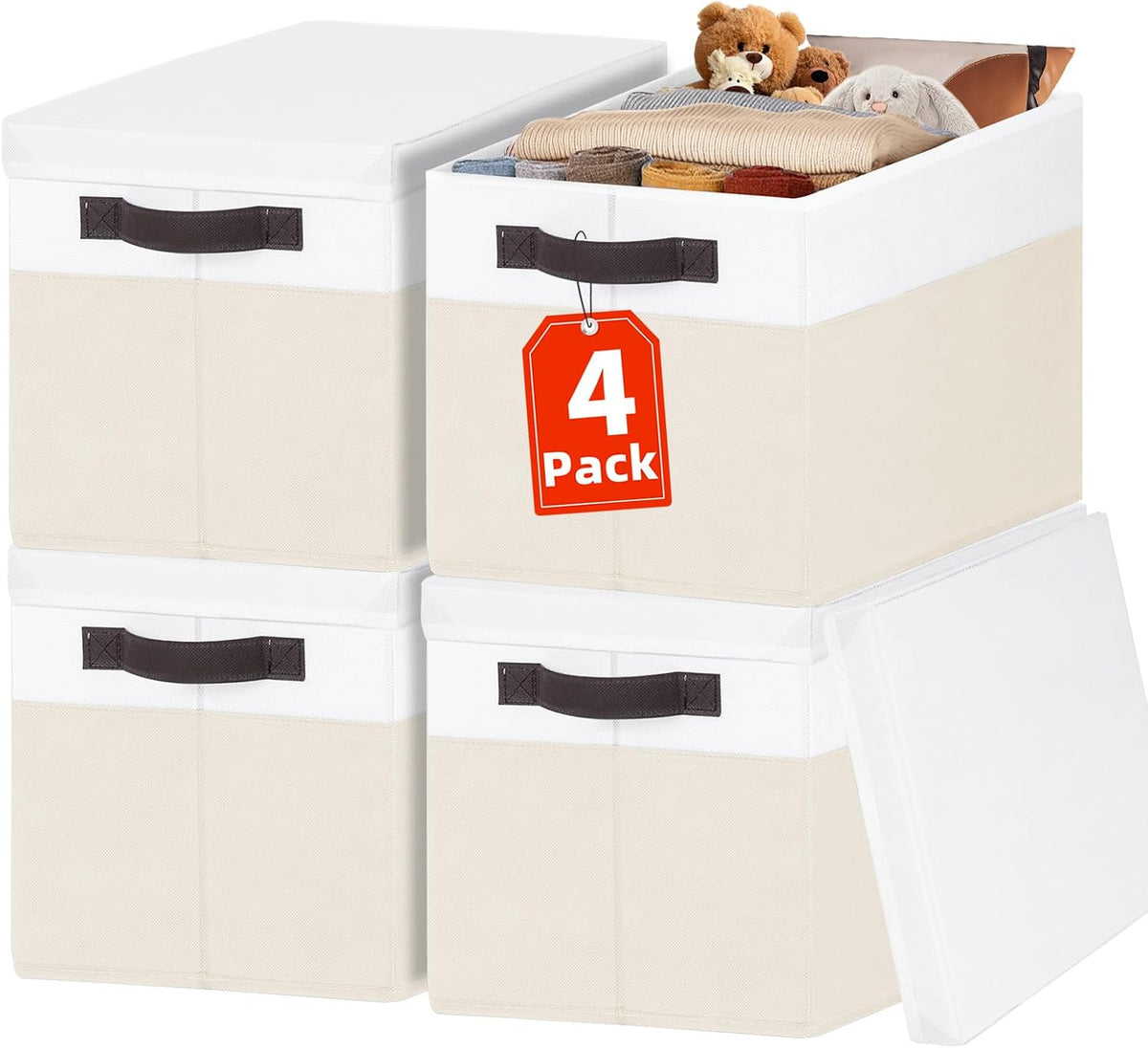 Large Closet Storage Baskets Bins with Lids 4 Pack, Storage Baskets for Organizing Shelves Nursery Bedroom, Home Dorm Closet Organizers Cubes for Clothes Toys Blanket Book - Stackable -14x10x9.5