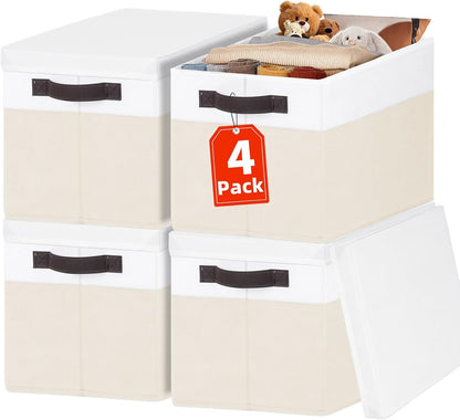 Large Closet Storage Baskets Bins with Lids 4 Pack, Storage Baskets for Organizing Shelves Nursery Bedroom, Home Dorm Closet Organizers Cubes for Clothes Toys Blanket Book - Stackable -14x10x9.5