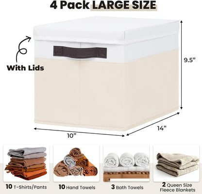 Large Closet Storage Baskets Bins with Lids 4 Pack, Storage Baskets for Organizing Shelves Nursery Bedroom, Home Dorm Closet Organizers Cubes for Clothes Toys Blanket Book - Stackable -14x10x9.5