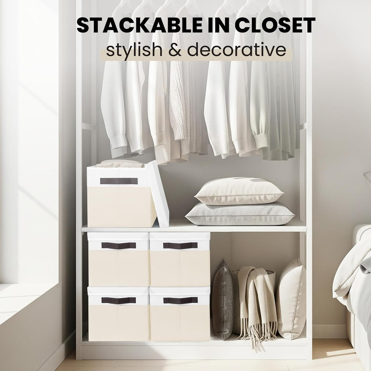 Large Closet Storage Baskets Bins with Lids 4 Pack, Storage Baskets for Organizing Shelves Nursery Bedroom, Home Dorm Closet Organizers Cubes for Clothes Toys Blanket Book - Stackable -14x10x9.5