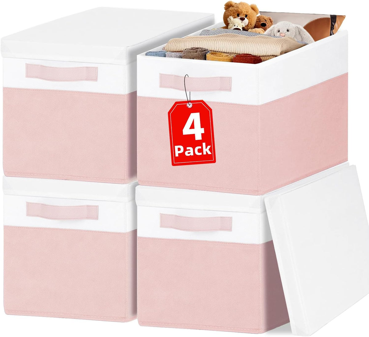 Large Closet Storage Baskets Bins with Lids 4 Pack, Storage Baskets for Organizing Shelves Nursery Bedroom, Home Dorm Closet Organizers Cubes for Clothes Toys Blanket Book - Stackable -14x10x9.5