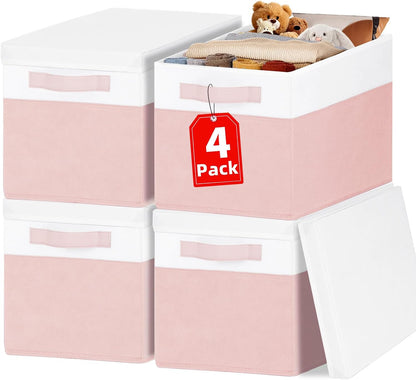 Large Closet Storage Baskets Bins with Lids 4 Pack, Storage Baskets for Organizing Shelves Nursery Bedroom, Home Dorm Closet Organizers Cubes for Clothes Toys Blanket Book - Stackable -14x10x9.5