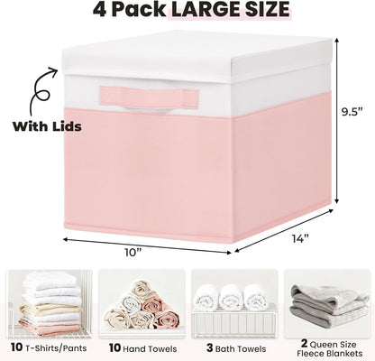 Large Closet Storage Baskets Bins with Lids 4 Pack, Storage Baskets for Organizing Shelves Nursery Bedroom, Home Dorm Closet Organizers Cubes for Clothes Toys Blanket Book - Stackable -14x10x9.5