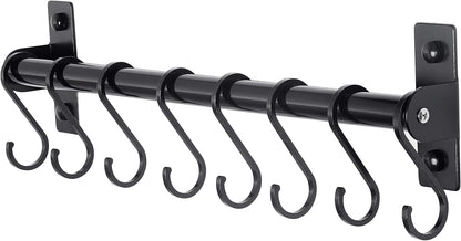 Kitchen Utensil Holder Hanger, Pot and Pan Rack Wall Mounted, Kitchen Rail with 8 Hooks for Hanging Cooking Utensils, Mugs, Spoons, Wall Mounted, Black