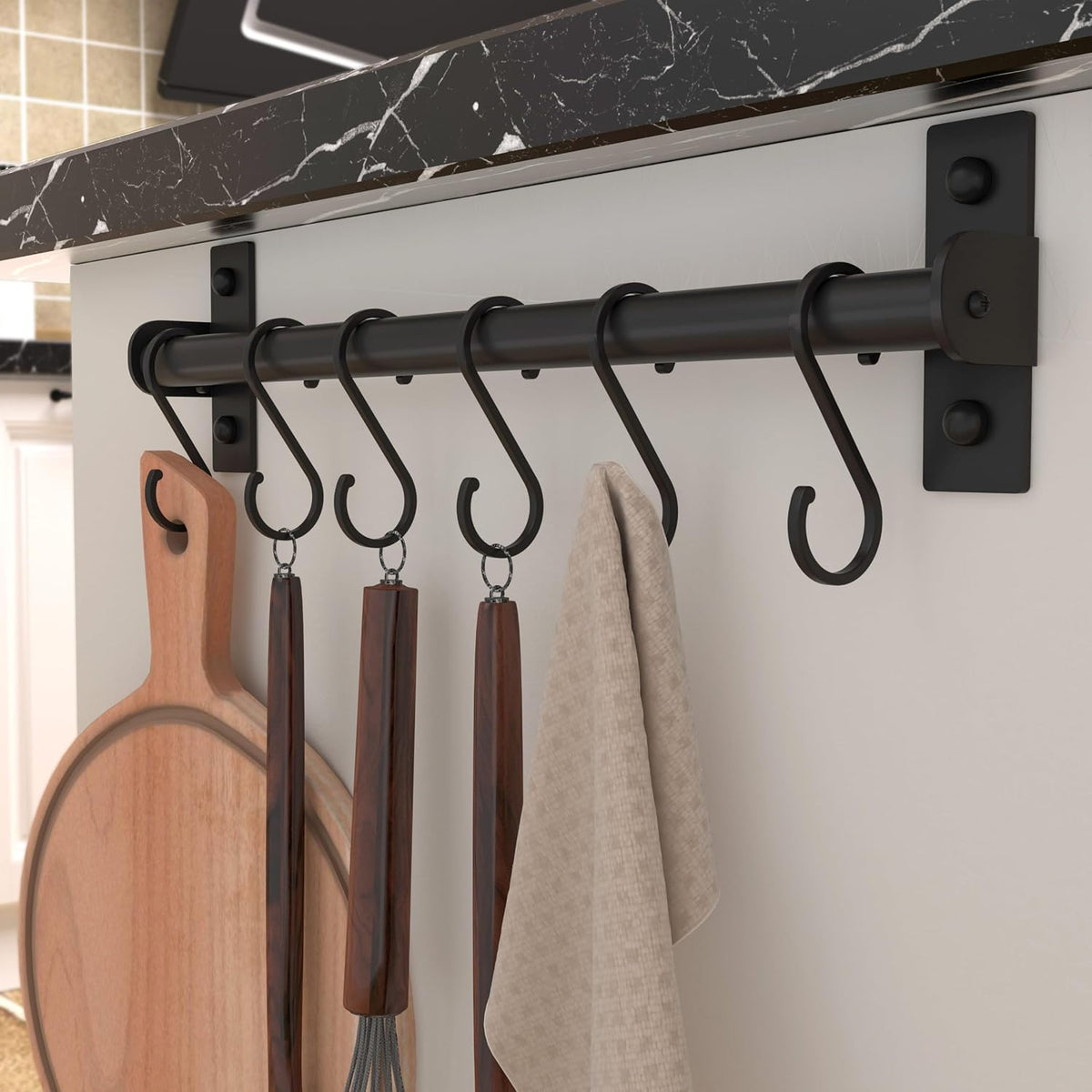 Kitchen Utensil Holder Hanger, Pot and Pan Rack Wall Mounted, Kitchen Rail with 8 Hooks for Hanging Cooking Utensils, Mugs, Spoons, Wall Mounted, Black