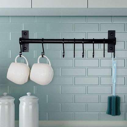 Kitchen Utensil Holder Hanger, Pot and Pan Rack Wall Mounted, Kitchen Rail with 8 Hooks for Hanging Cooking Utensils, Mugs, Spoons, Wall Mounted, Black