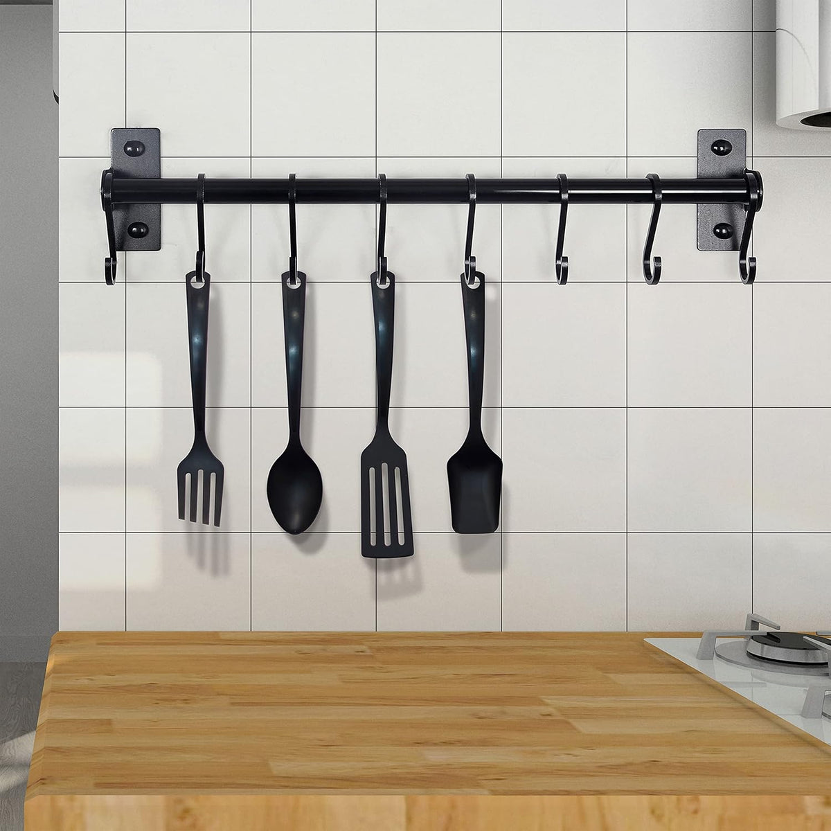 Kitchen Utensil Holder Hanger, Pot and Pan Rack Wall Mounted, Kitchen Rail with 8 Hooks for Hanging Cooking Utensils, Mugs, Spoons, Wall Mounted, Black