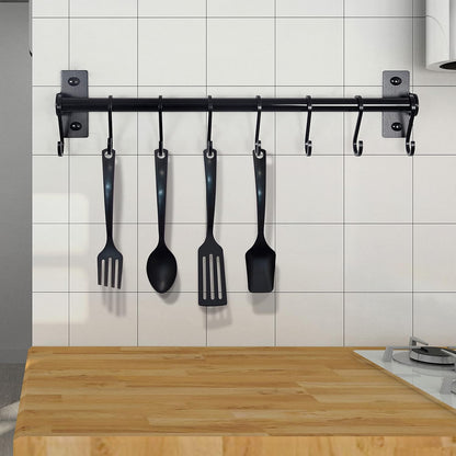 Kitchen Utensil Holder Hanger, Pot and Pan Rack Wall Mounted, Kitchen Rail with 8 Hooks for Hanging Cooking Utensils, Mugs, Spoons, Wall Mounted, Black