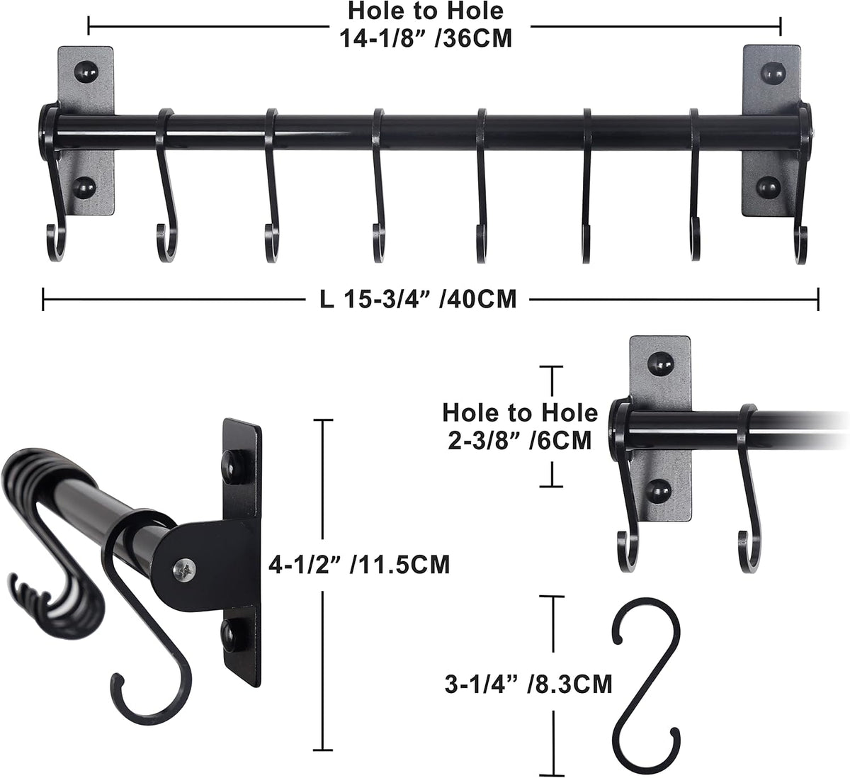 Kitchen Utensil Holder Hanger, Pot and Pan Rack Wall Mounted, Kitchen Rail with 8 Hooks for Hanging Cooking Utensils, Mugs, Spoons, Wall Mounted, Black