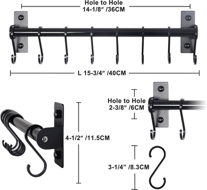 Kitchen Utensil Holder Hanger, Pot and Pan Rack Wall Mounted, Kitchen Rail with 8 Hooks for Hanging Cooking Utensils, Mugs, Spoons, Wall Mounted, Black