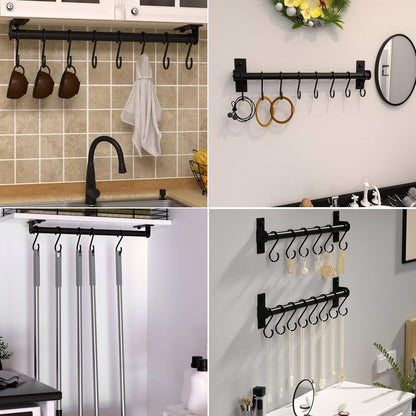 Kitchen Utensil Holder Hanger, Pot and Pan Rack Wall Mounted, Kitchen Rail with 8 Hooks for Hanging Cooking Utensils, Mugs, Spoons, Wall Mounted, Black
