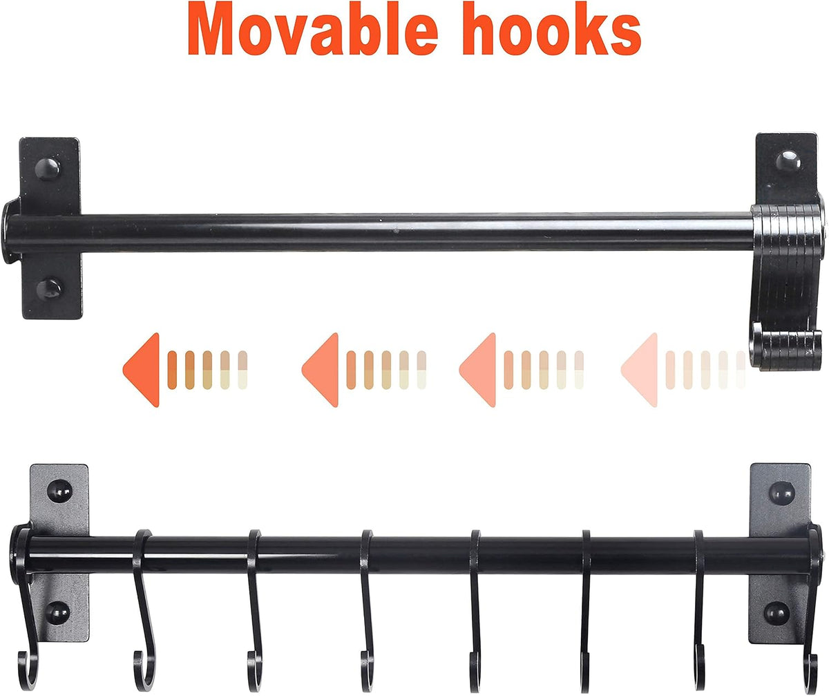 Kitchen Utensil Holder Hanger, Pot and Pan Rack Wall Mounted, Kitchen Rail with 8 Hooks for Hanging Cooking Utensils, Mugs, Spoons, Wall Mounted, Black