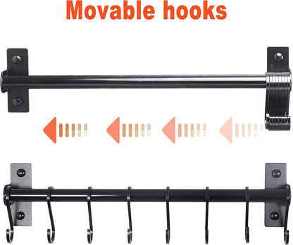 Kitchen Utensil Holder Hanger, Pot and Pan Rack Wall Mounted, Kitchen Rail with 8 Hooks for Hanging Cooking Utensils, Mugs, Spoons, Wall Mounted, Black