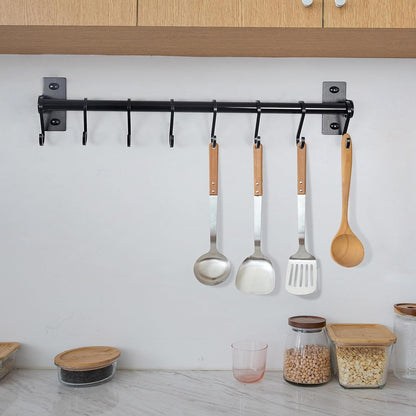 Kitchen Utensil Holder Hanger, Pot and Pan Rack Wall Mounted, Kitchen Rail with 8 Hooks for Hanging Cooking Utensils, Mugs, Spoons, Wall Mounted, Black