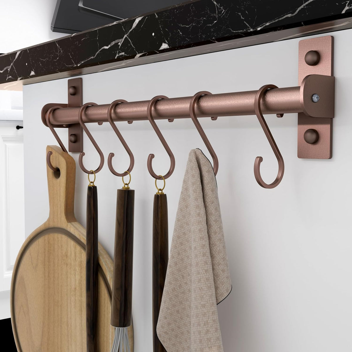 Kitchen Utensil Holder Hanger, Pot and Pan Rack Wall Mounted, Kitchen Rail with 8 Hooks for Hanging Cooking Utensils, Mugs, Spoons, Wall Mounted, Black