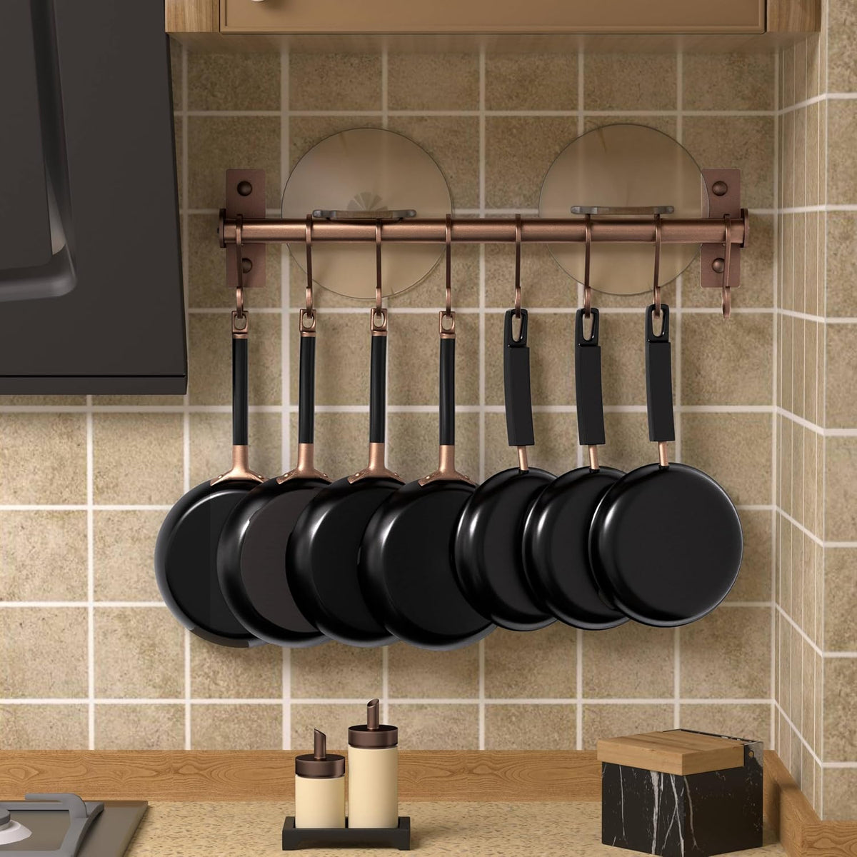 Kitchen Utensil Holder Hanger, Pot and Pan Rack Wall Mounted, Kitchen Rail with 8 Hooks for Hanging Cooking Utensils, Mugs, Spoons, Wall Mounted, Black