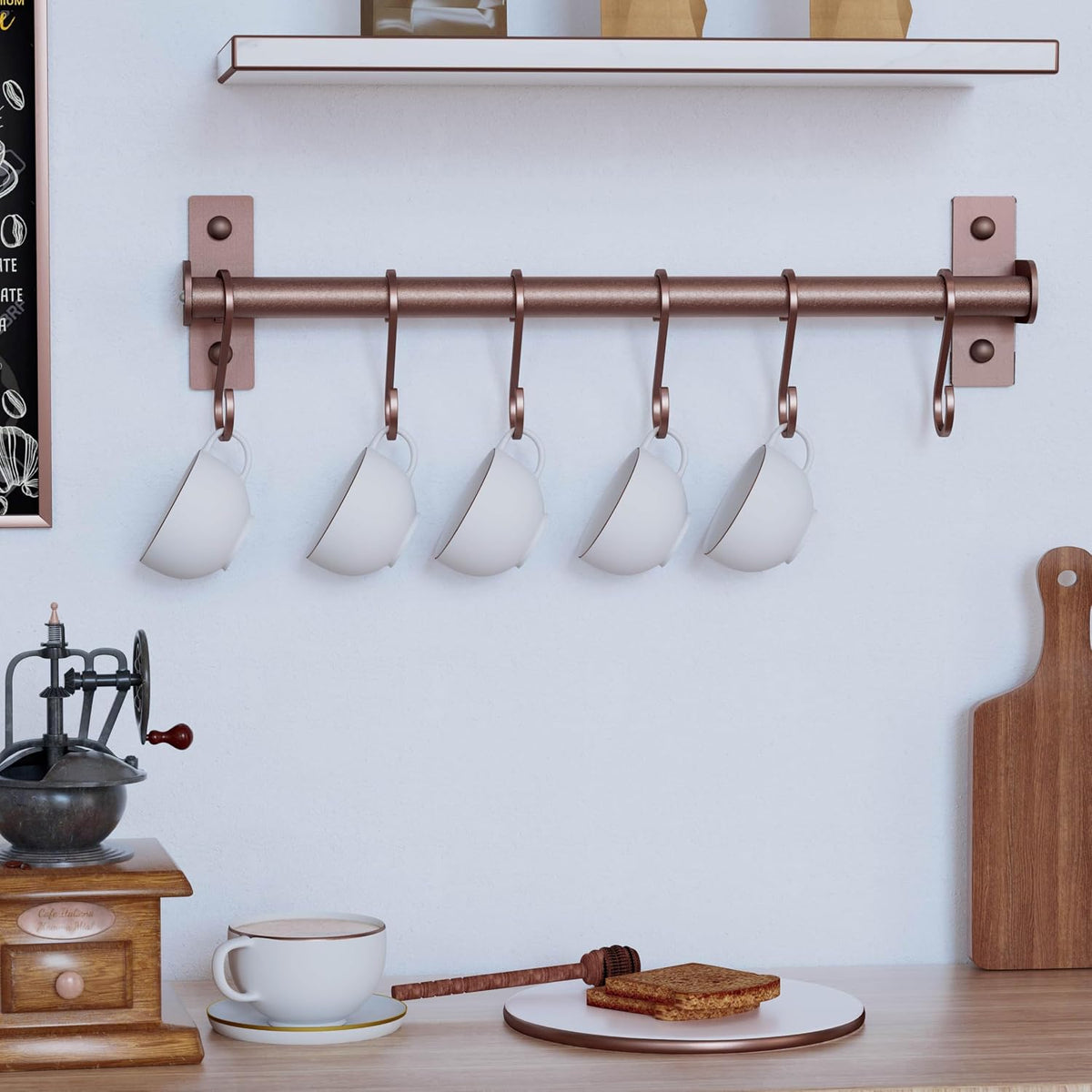 Kitchen Utensil Holder Hanger, Pot and Pan Rack Wall Mounted, Kitchen Rail with 8 Hooks for Hanging Cooking Utensils, Mugs, Spoons, Wall Mounted, Black
