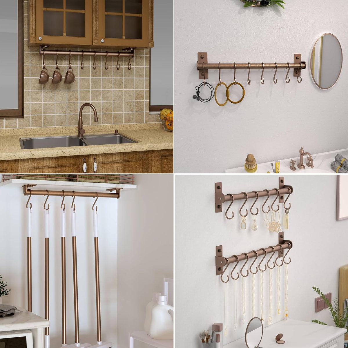 Kitchen Utensil Holder Hanger, Pot and Pan Rack Wall Mounted, Kitchen Rail with 8 Hooks for Hanging Cooking Utensils, Mugs, Spoons, Wall Mounted, Black