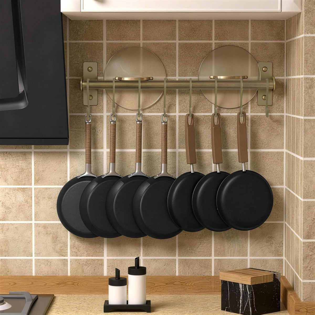 Kitchen Utensil Holder Hanger, Pot and Pan Rack Wall Mounted, Kitchen Rail with 8 Hooks for Hanging Cooking Utensils, Mugs, Spoons, Wall Mounted, Black
