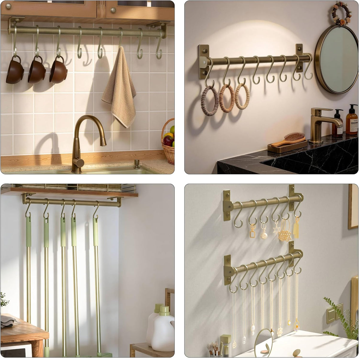 Kitchen Utensil Holder Hanger, Pot and Pan Rack Wall Mounted, Kitchen Rail with 8 Hooks for Hanging Cooking Utensils, Mugs, Spoons, Wall Mounted, Black