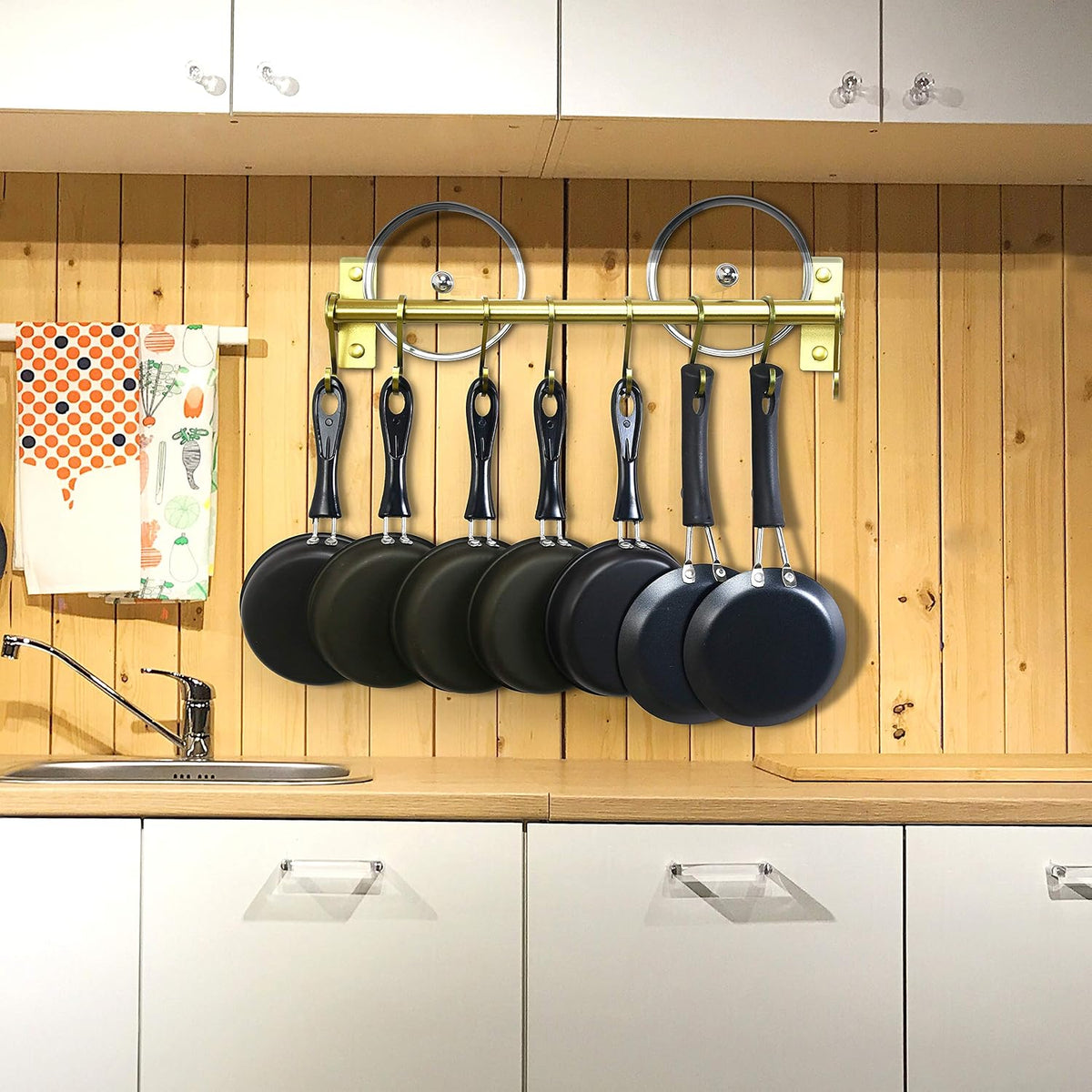 Kitchen Utensil Holder Hanger, Pot and Pan Rack Wall Mounted, Kitchen Rail with 8 Hooks for Hanging Cooking Utensils, Mugs, Spoons, Wall Mounted, Black