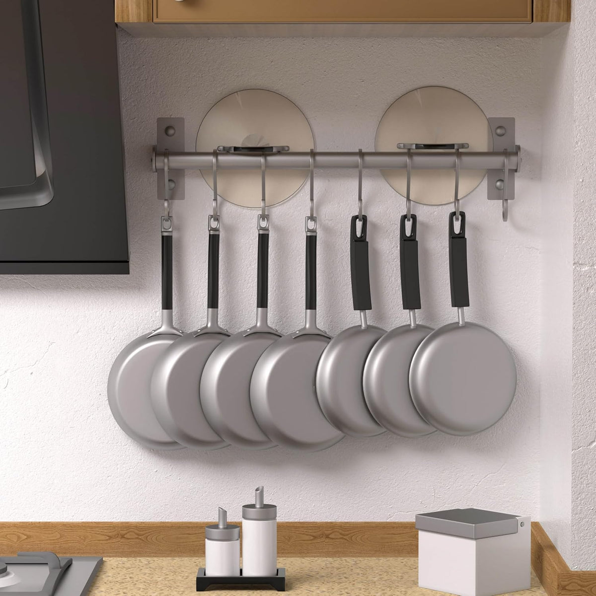 Kitchen Utensil Holder Hanger, Pot and Pan Rack Wall Mounted, Kitchen Rail with 8 Hooks for Hanging Cooking Utensils, Mugs, Spoons, Wall Mounted, Black