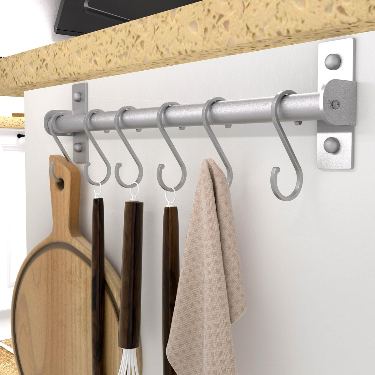 Kitchen Utensil Holder Hanger, Pot and Pan Rack Wall Mounted, Kitchen Rail with 8 Hooks for Hanging Cooking Utensils, Mugs, Spoons, Wall Mounted, Black