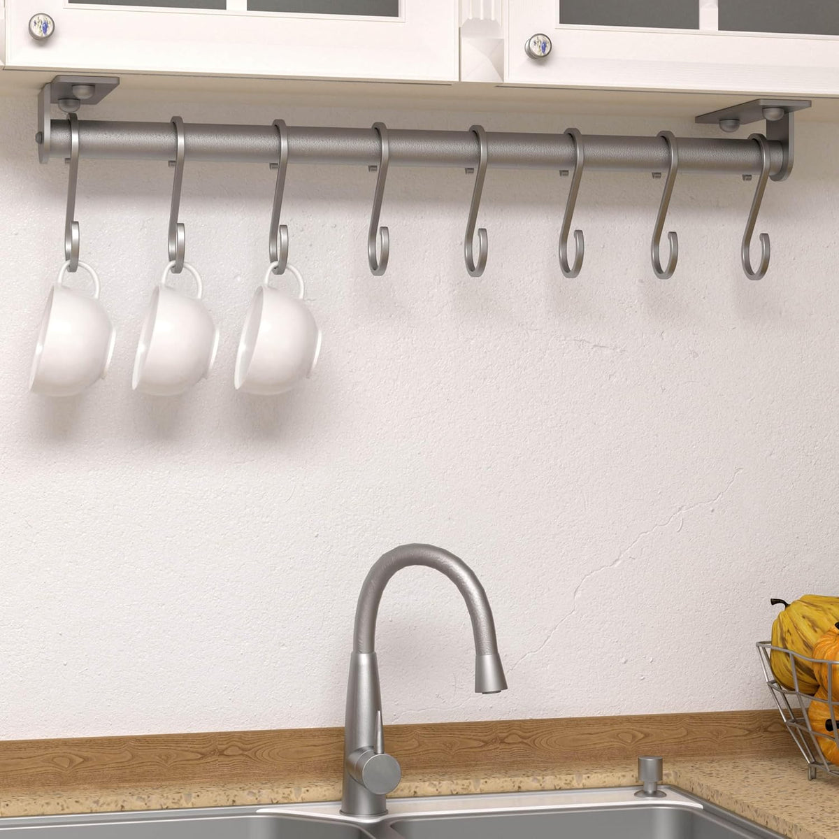 Kitchen Utensil Holder Hanger, Pot and Pan Rack Wall Mounted, Kitchen Rail with 8 Hooks for Hanging Cooking Utensils, Mugs, Spoons, Wall Mounted, Black