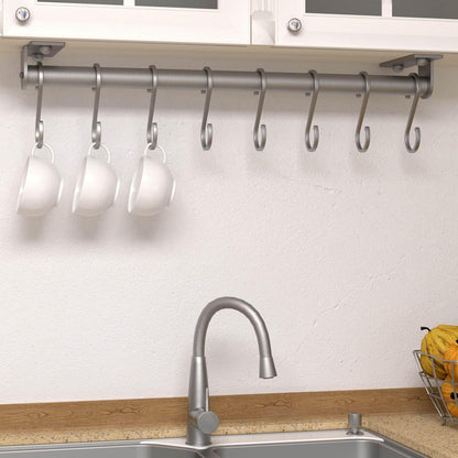 Kitchen Utensil Holder Hanger, Pot and Pan Rack Wall Mounted, Kitchen Rail with 8 Hooks for Hanging Cooking Utensils, Mugs, Spoons, Wall Mounted, Black