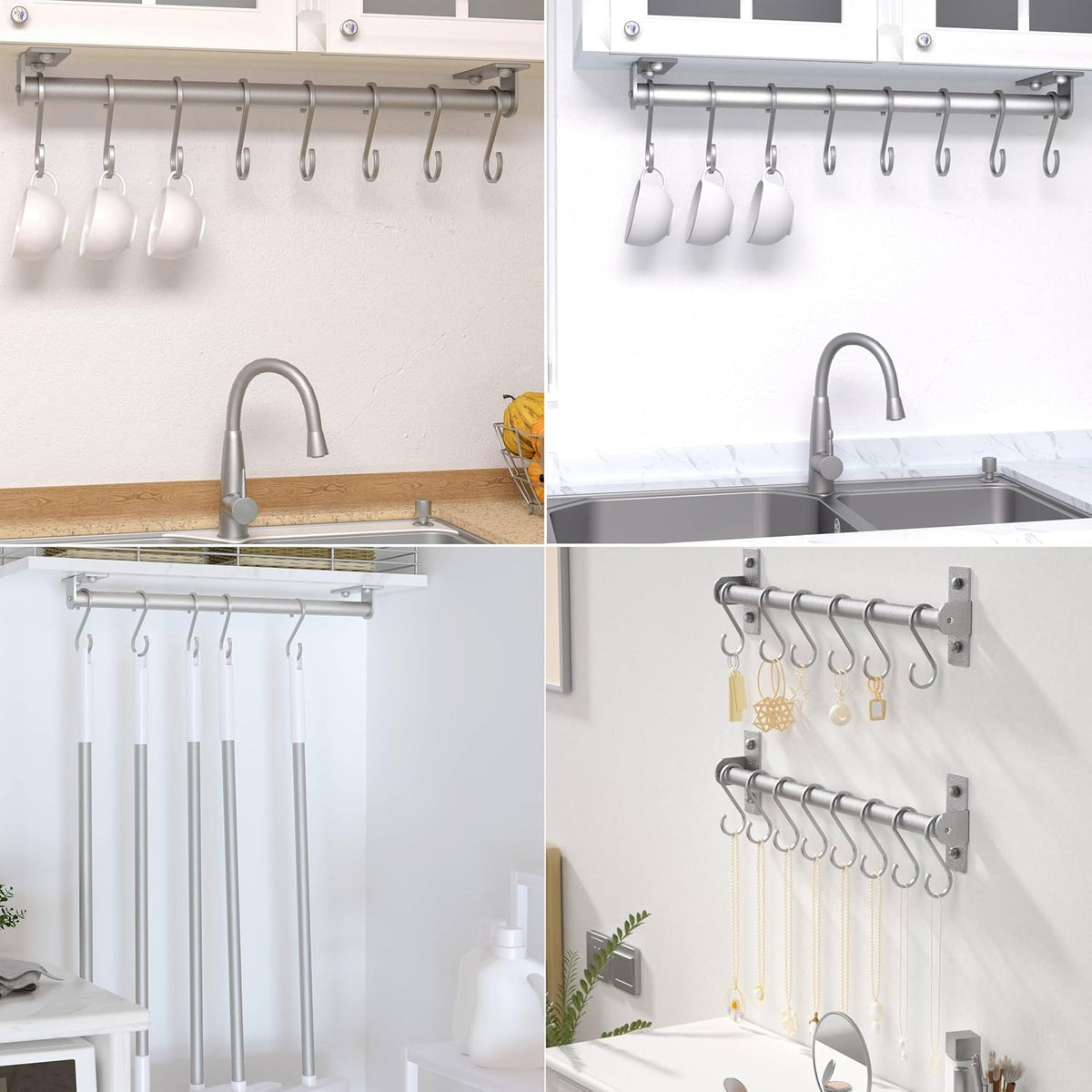 Kitchen Utensil Holder Hanger, Pot and Pan Rack Wall Mounted, Kitchen Rail with 8 Hooks for Hanging Cooking Utensils, Mugs, Spoons, Wall Mounted, Black