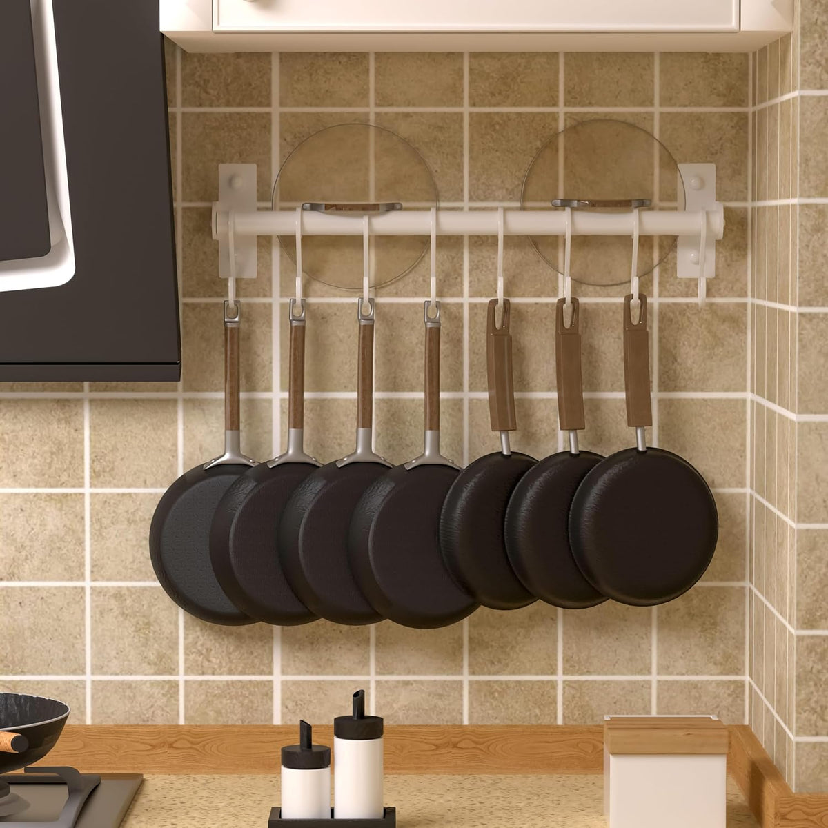 Kitchen Utensil Holder Hanger, Pot and Pan Rack Wall Mounted, Kitchen Rail with 8 Hooks for Hanging Cooking Utensils, Mugs, Spoons, Wall Mounted, Black