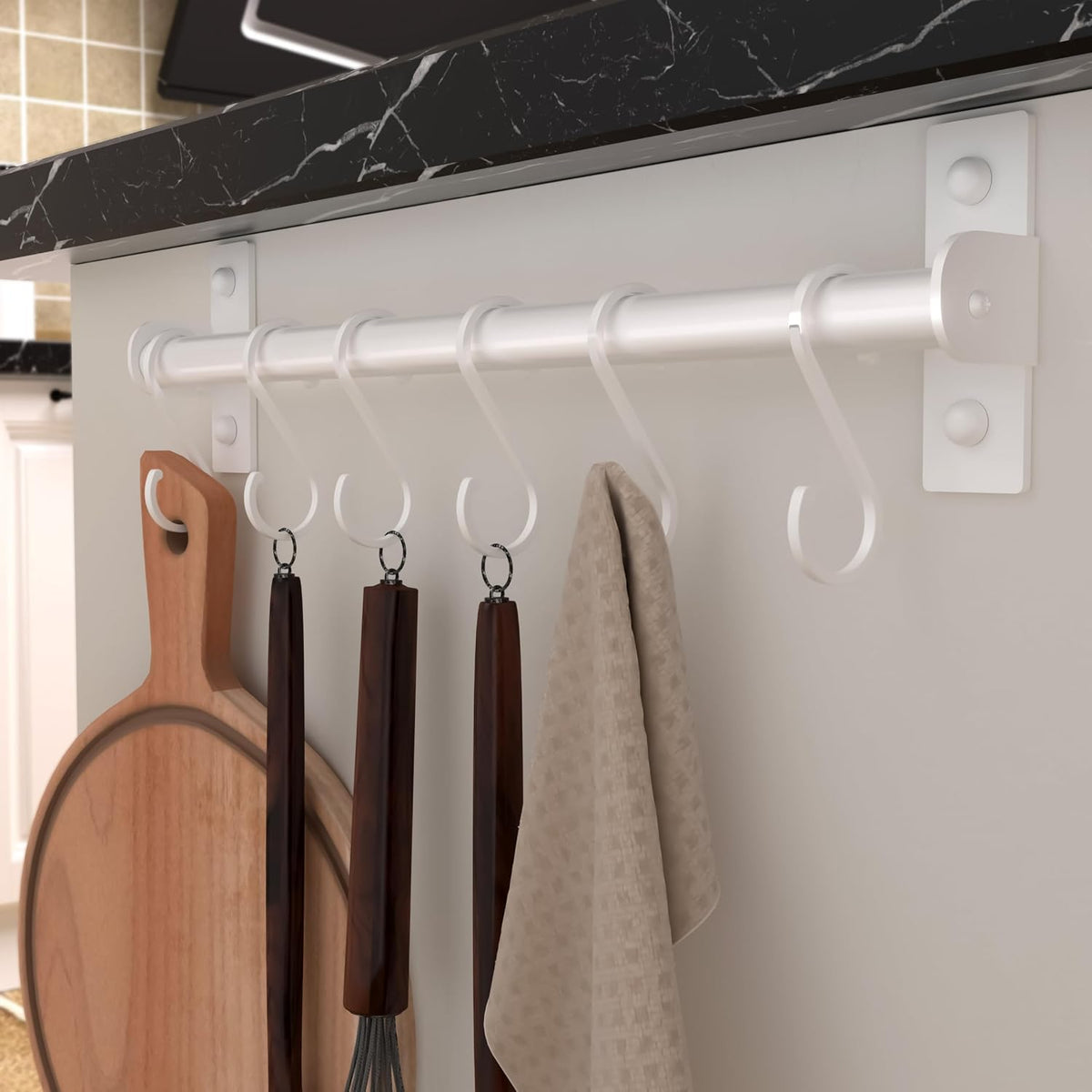 Kitchen Utensil Holder Hanger, Pot and Pan Rack Wall Mounted, Kitchen Rail with 8 Hooks for Hanging Cooking Utensils, Mugs, Spoons, Wall Mounted, Black