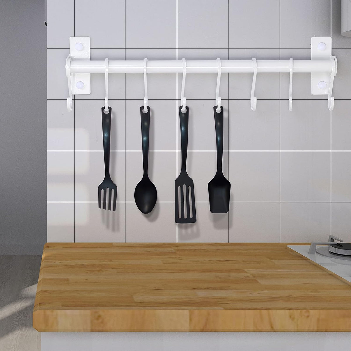 Kitchen Utensil Holder Hanger, Pot and Pan Rack Wall Mounted, Kitchen Rail with 8 Hooks for Hanging Cooking Utensils, Mugs, Spoons, Wall Mounted, Black