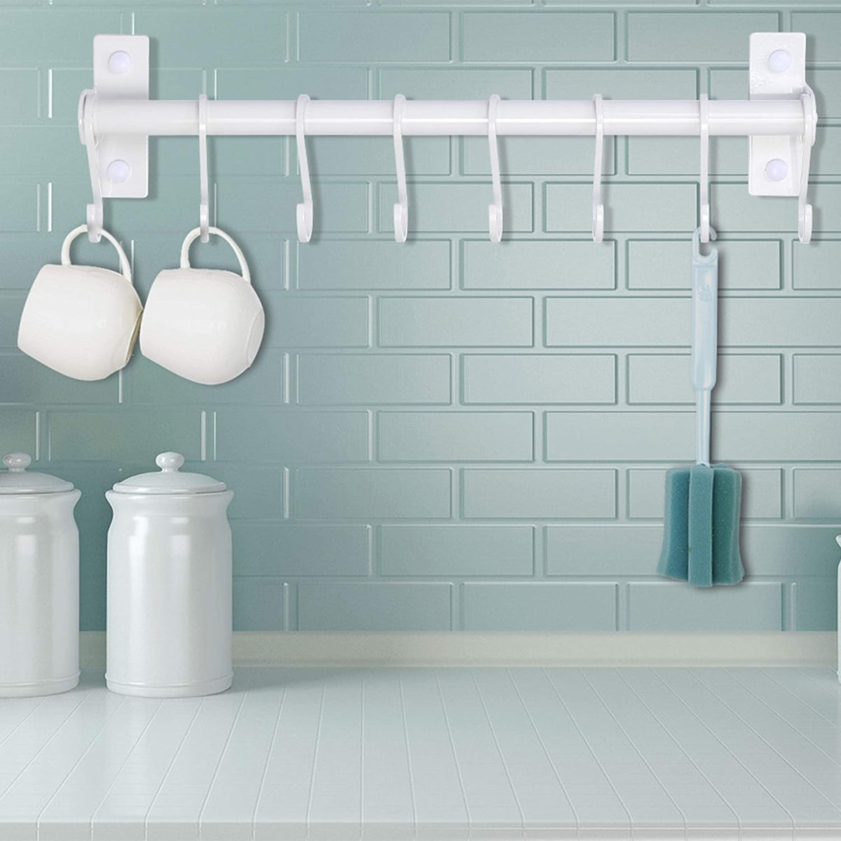 Kitchen Utensil Holder Hanger, Pot and Pan Rack Wall Mounted, Kitchen Rail with 8 Hooks for Hanging Cooking Utensils, Mugs, Spoons, Wall Mounted, Black