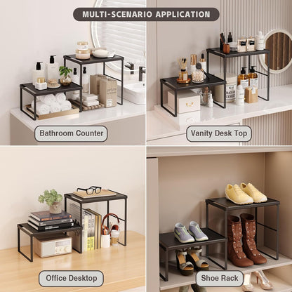 Expandable Kitchen Countertop Organizer, 2 Pack Stackable Cabinet Shelf Risers, Metal Spice Rack Heavy Duty Counter Organizer Storage for Kitchen, Pantry, Cupboard, Rv (8.7in Height,Black)