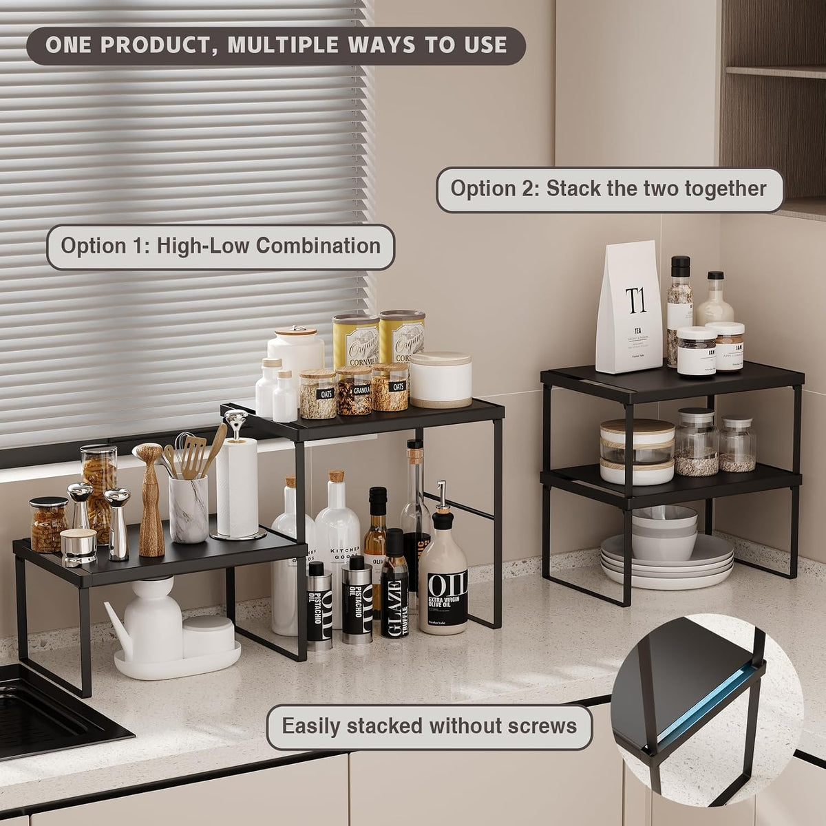 Expandable Kitchen Countertop Organizer, 2 Pack Stackable Cabinet Shelf Risers, Metal Spice Rack Heavy Duty Counter Organizer Storage for Kitchen, Pantry, Cupboard, Rv (8.7in Height,Black)