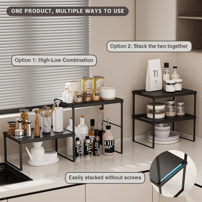 Expandable Kitchen Countertop Organizer, 2 Pack Stackable Cabinet Shelf Risers, Metal Spice Rack Heavy Duty Counter Organizer Storage for Kitchen, Pantry, Cupboard, Rv (8.7in Height,Black)