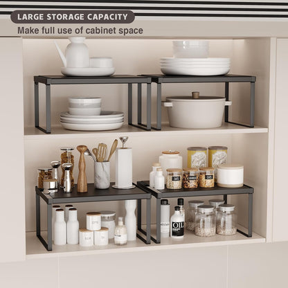 Expandable Kitchen Countertop Organizer, 2 Pack Stackable Cabinet Shelf Risers, Metal Spice Rack Heavy Duty Counter Organizer Storage for Kitchen, Pantry, Cupboard, Rv (8.7in Height,Black)