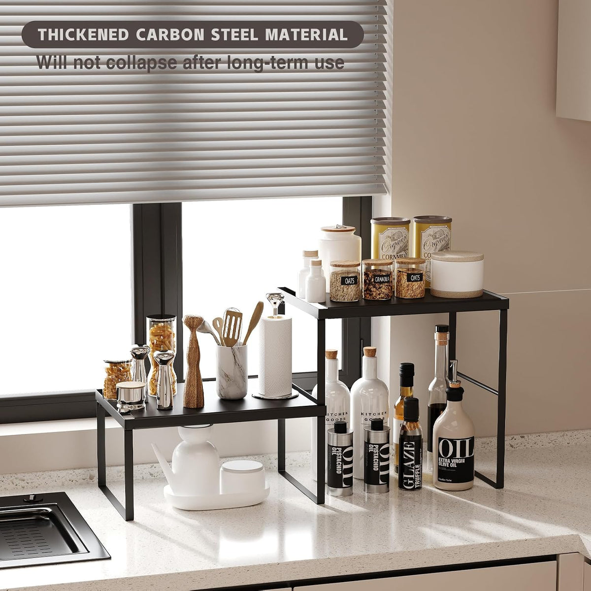 Expandable Kitchen Countertop Organizer, 2 Pack Stackable Cabinet Shelf Risers, Metal Spice Rack Heavy Duty Counter Organizer Storage for Kitchen, Pantry, Cupboard, Rv (8.7in Height,Black)