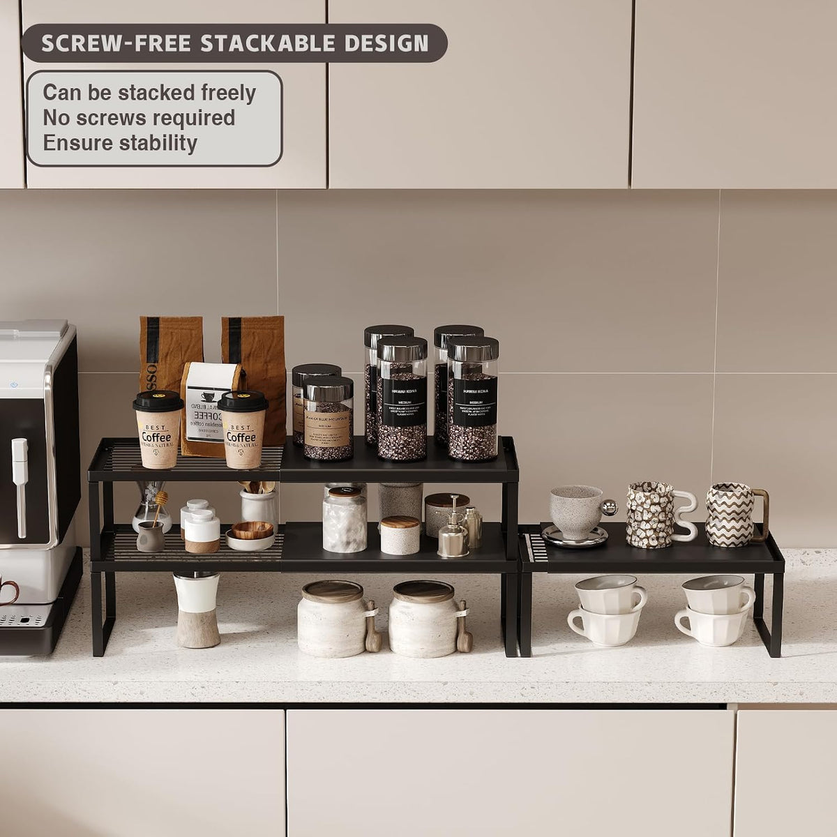 Expandable Kitchen Countertop Organizer, 2 Pack Stackable Cabinet Shelf Risers, Metal Spice Rack Heavy Duty Counter Organizer Storage for Kitchen, Pantry, Cupboard, Rv (8.7in Height,Black)