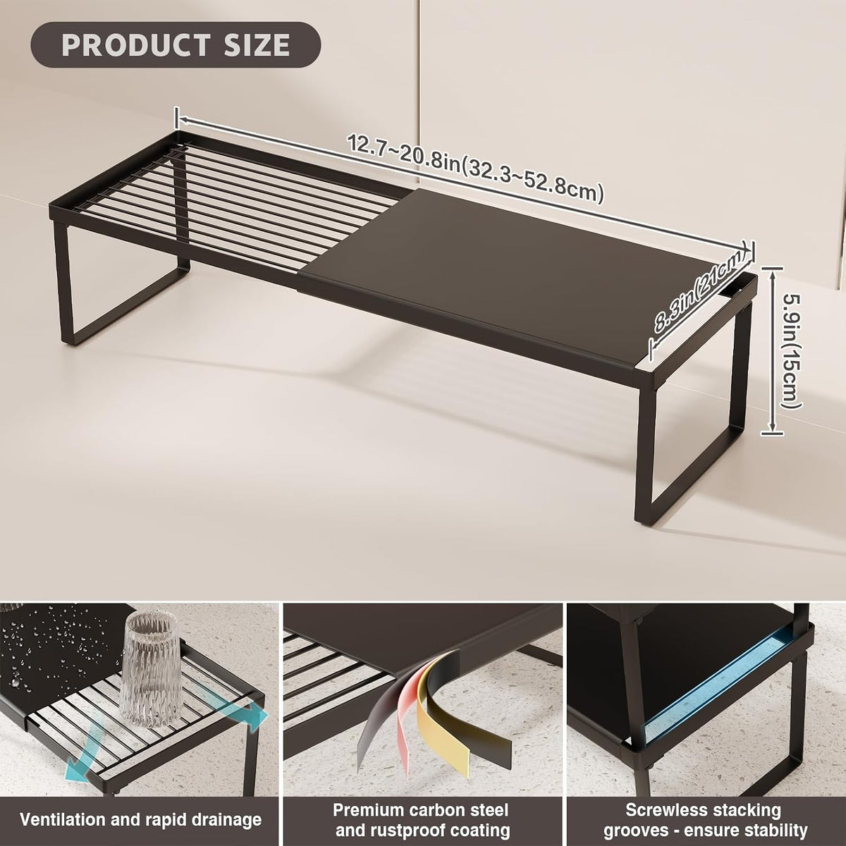 Expandable Kitchen Countertop Organizer, 2 Pack Stackable Cabinet Shelf Risers, Metal Spice Rack Heavy Duty Counter Organizer Storage for Kitchen, Pantry, Cupboard, Rv (8.7in Height,Black)