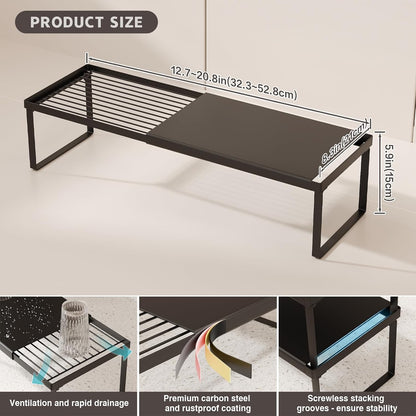 Expandable Kitchen Countertop Organizer, 2 Pack Stackable Cabinet Shelf Risers, Metal Spice Rack Heavy Duty Counter Organizer Storage for Kitchen, Pantry, Cupboard, Rv (8.7in Height,Black)